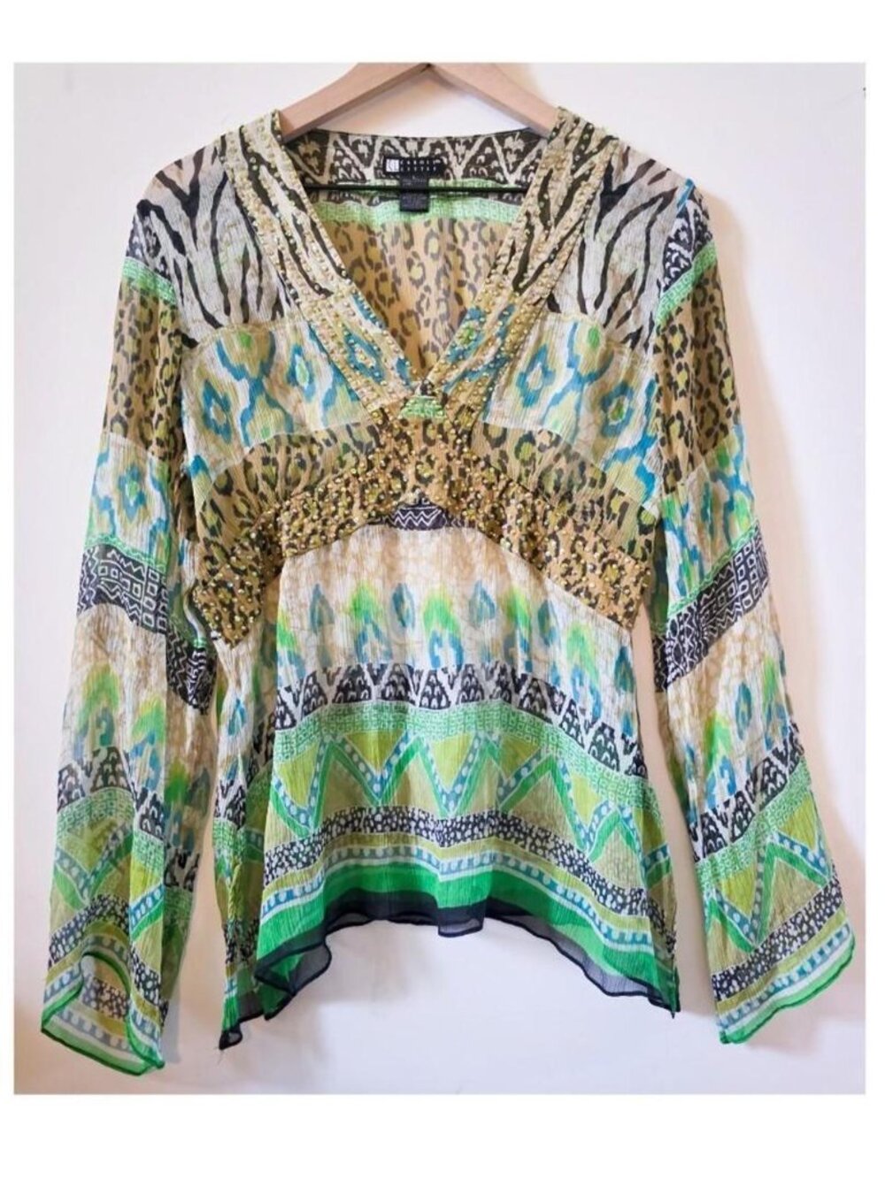 🐆✨ Carole Little Beaded Boho Animal Print Sheer Blouse ✨🌿